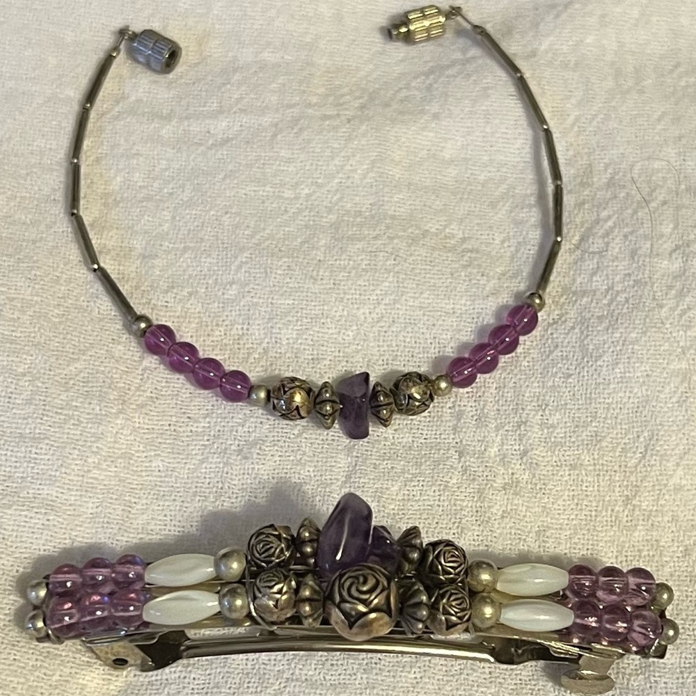 Rough cut tumbled Amethyst bracelet and barrette set